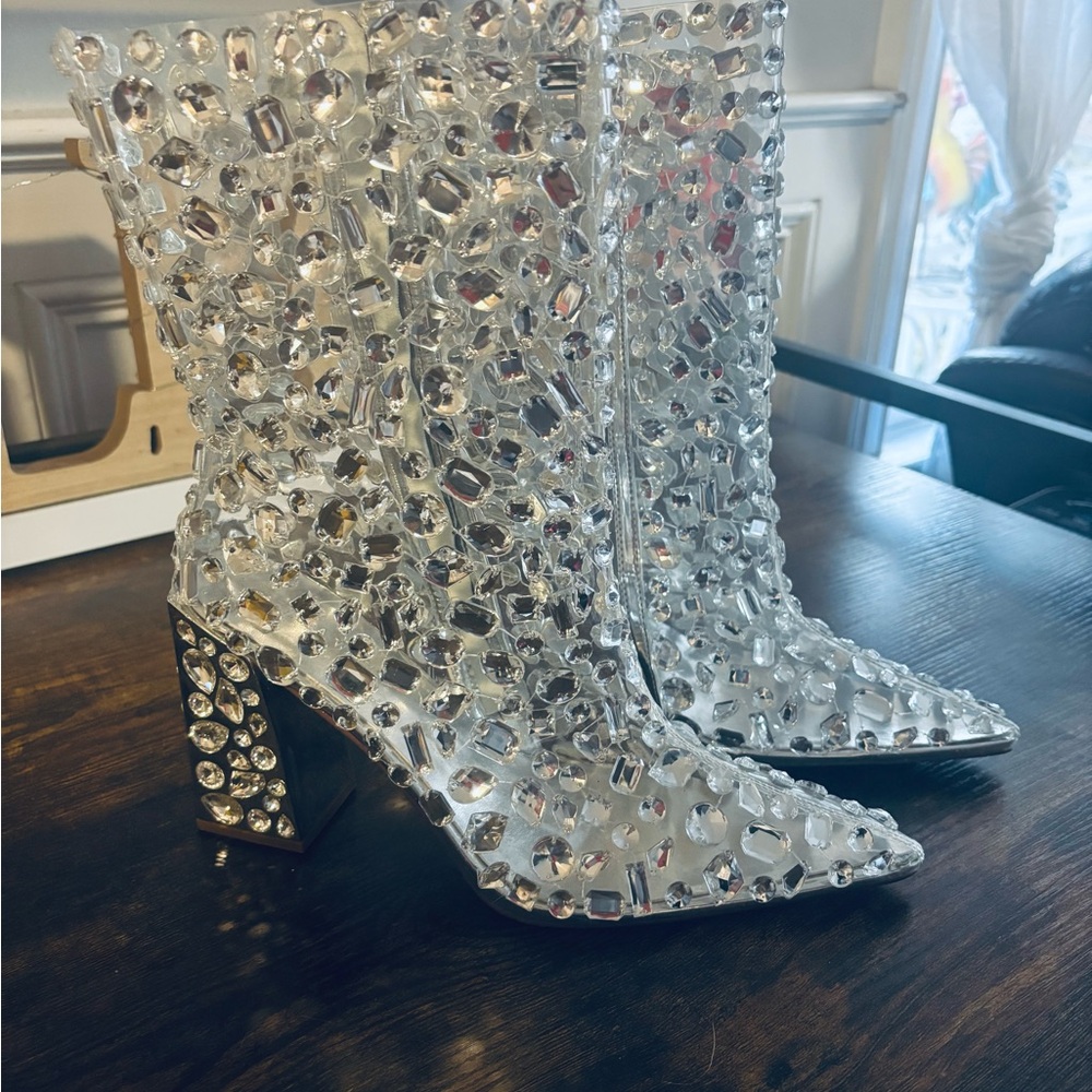 NEW Amina Muaddi Silver Crystal Heeled Boots